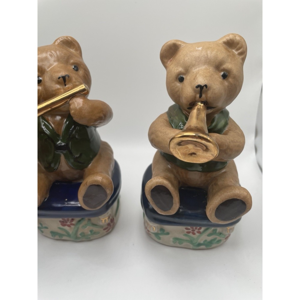 Vintage Musical Christmas Porcelain Teddy Bears Figurines w/ Musical Instruments - Picture 7 of 13